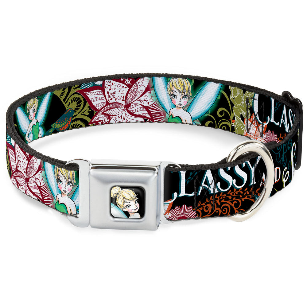 Tinker Bell Sketch Full Color Black Seatbelt Buckle Collar - Tinker Bell Floral Collage CLASSY AND SASSY Dog Collars Seatbelt Buckle Disney