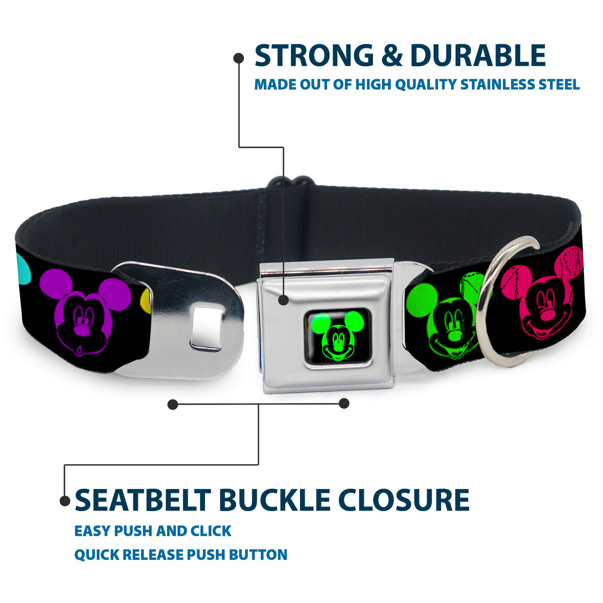 Mickey Mouse Expression2 Full Color Black Neon Green Seatbelt Buckle Collar - Mickey Expressions Black/Multi Neon Dog Collars Seatbelt Buckle Disney
