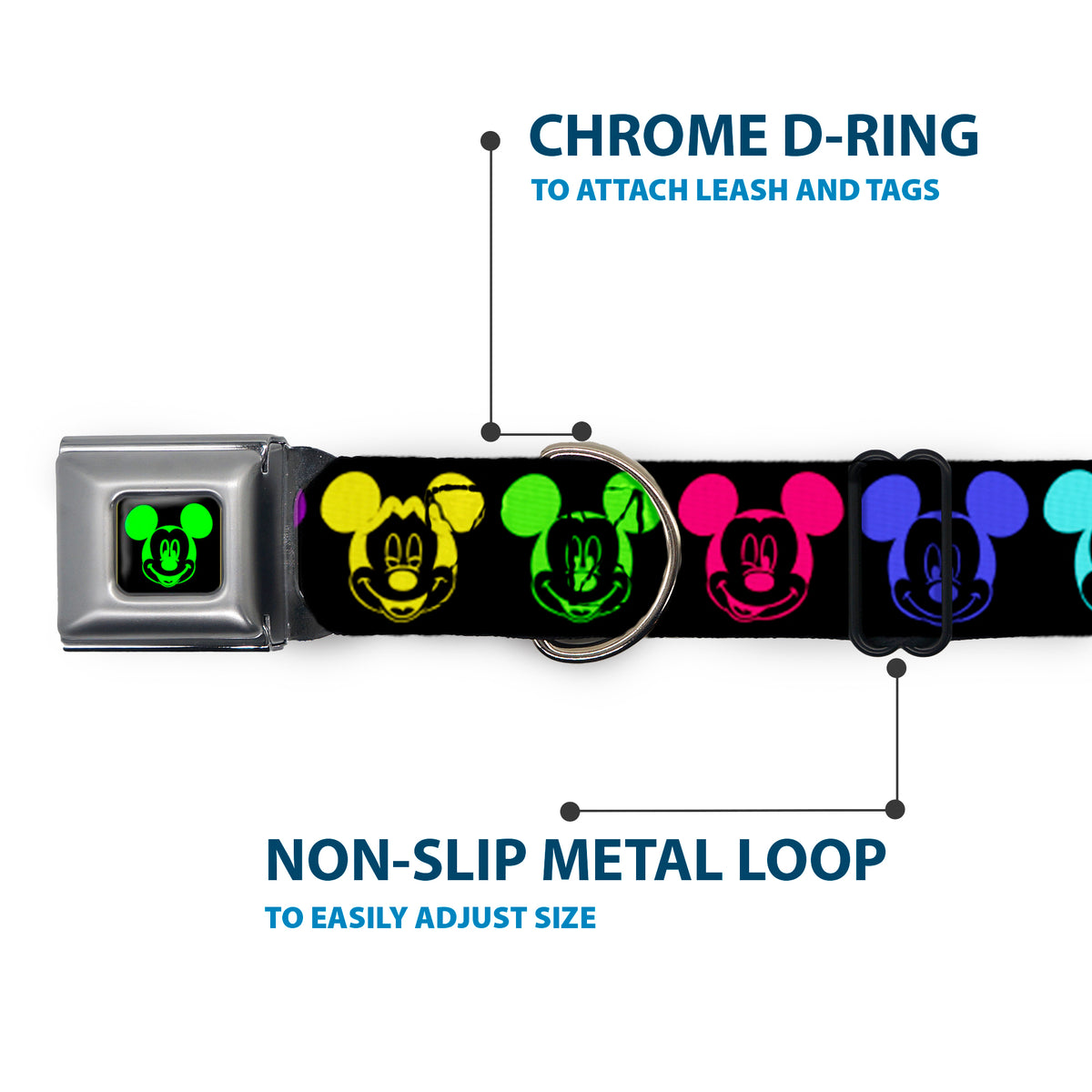 Mickey Mouse Expression2 Full Color Black Neon Green Seatbelt Buckle Collar - Mickey Expressions Black/Multi Neon Dog Collars Seatbelt Buckle Disney