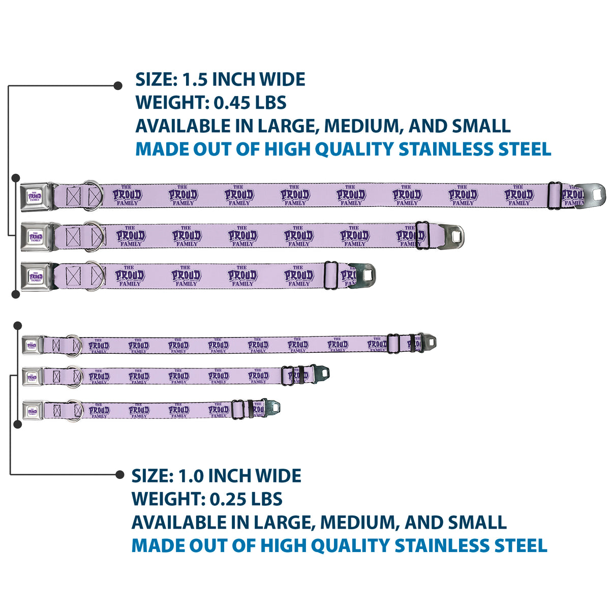 THE PROUD FAMILY Title Logo Full Color White/Purple Seatbelt Buckle Collar - THE PROUD FAMILY Title Logo Purples Dog Collars Seatbelt Buckle Disney