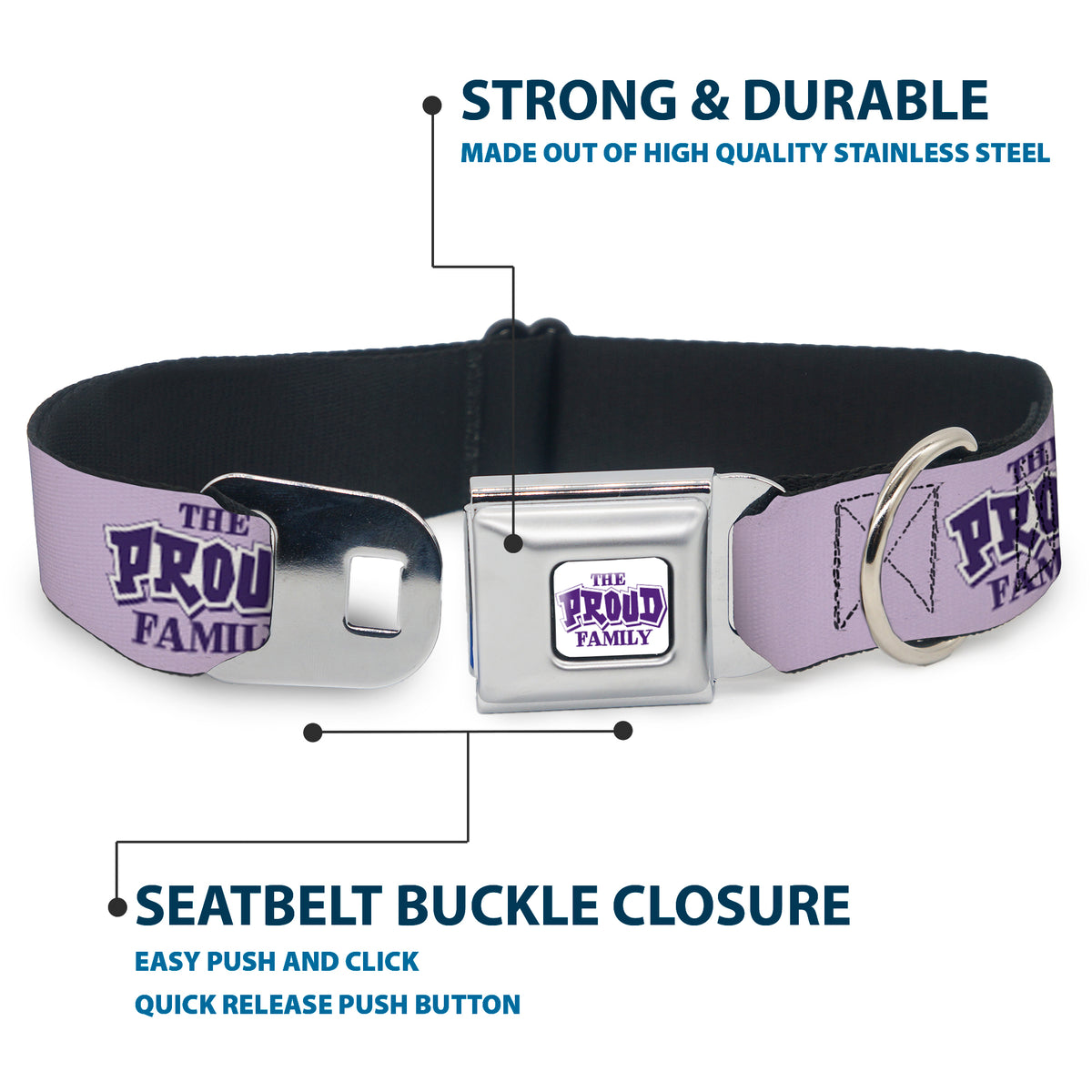 THE PROUD FAMILY Title Logo Full Color White/Purple Seatbelt Buckle Collar - THE PROUD FAMILY Title Logo Purples Dog Collars Seatbelt Buckle Disney