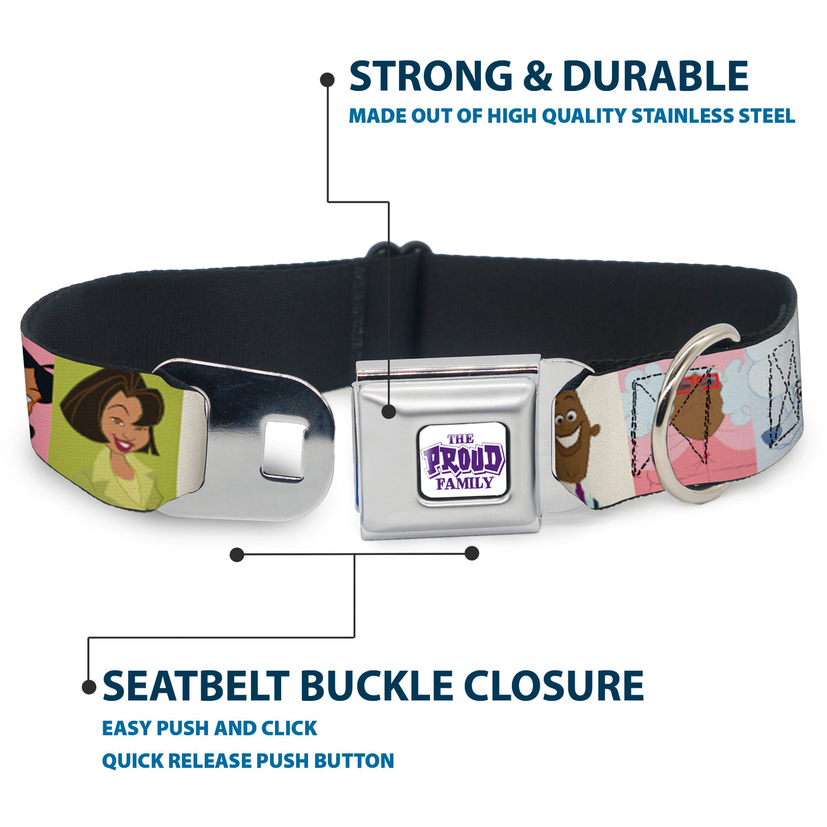 THE PROUD FAMILY Title Logo Full Color White/Purple Seatbelt Buckle Collar - The Proud Family 6-Character Block Poses Dog Collars Seatbelt Buckle Disney