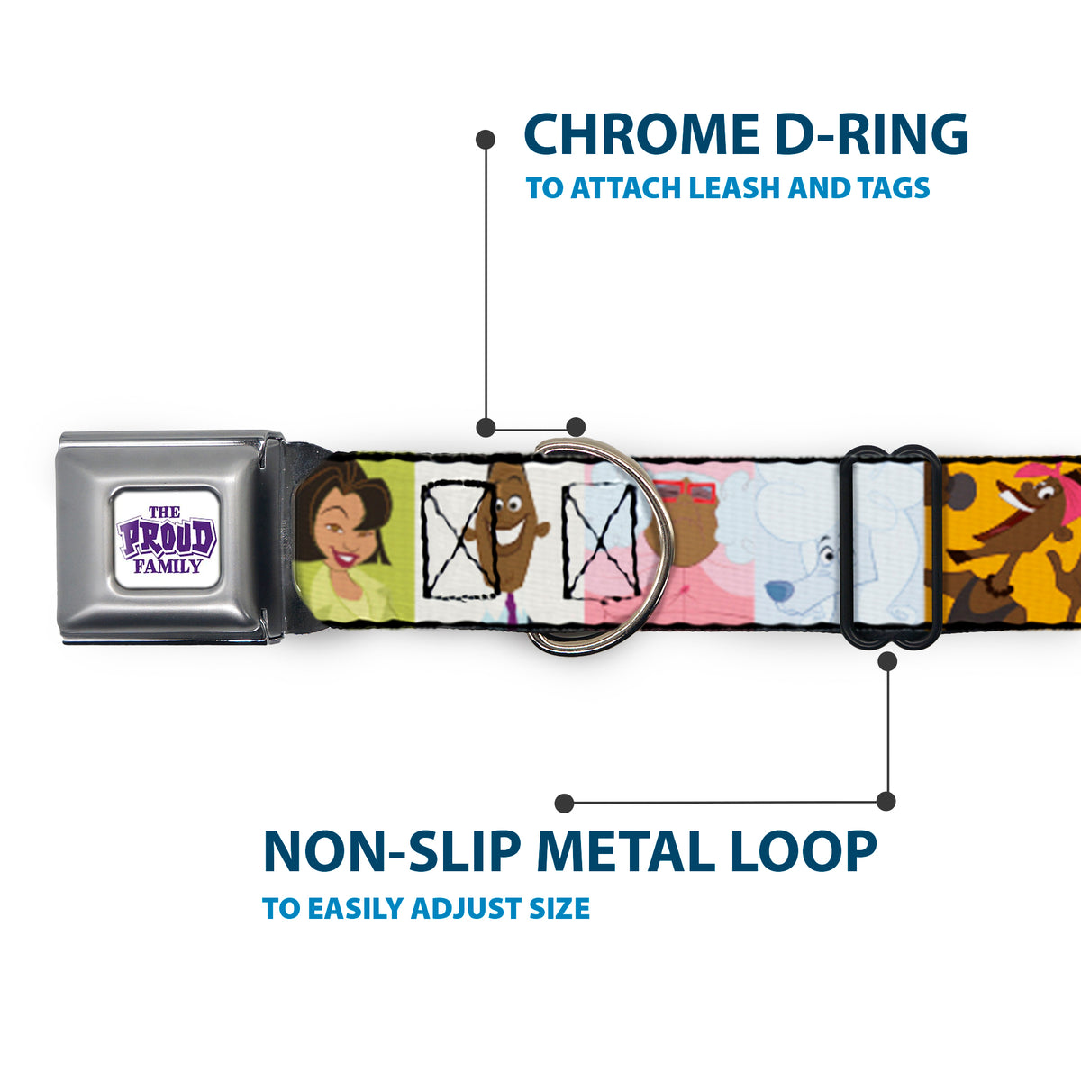 THE PROUD FAMILY Title Logo Full Color White/Purple Seatbelt Buckle Collar - The Proud Family 6-Character Block Poses Dog Collars Seatbelt Buckle Disney