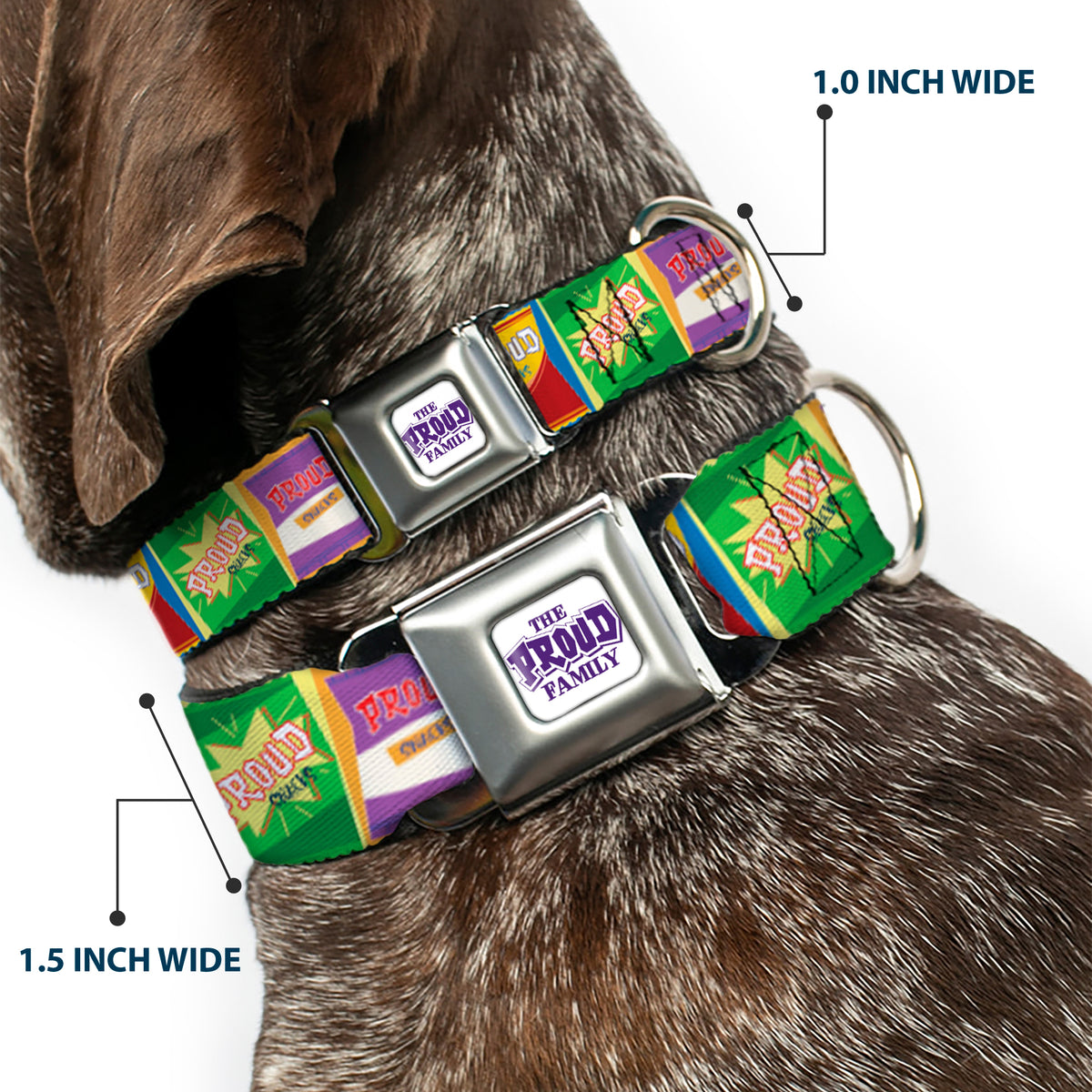 THE PROUD FAMILY Title Logo Full Color White/Purple Seatbelt Buckle Collar - The Proud Family PROUD SNACKS Logo Blocks Multi Color Dog Collars Seatbelt Buckle Disney