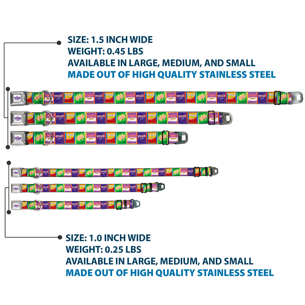 THE PROUD FAMILY Title Logo Full Color White/Purple Seatbelt Buckle Collar - The Proud Family PROUD SNACKS Logo Blocks Multi Color Dog Collars Seatbelt Buckle Disney