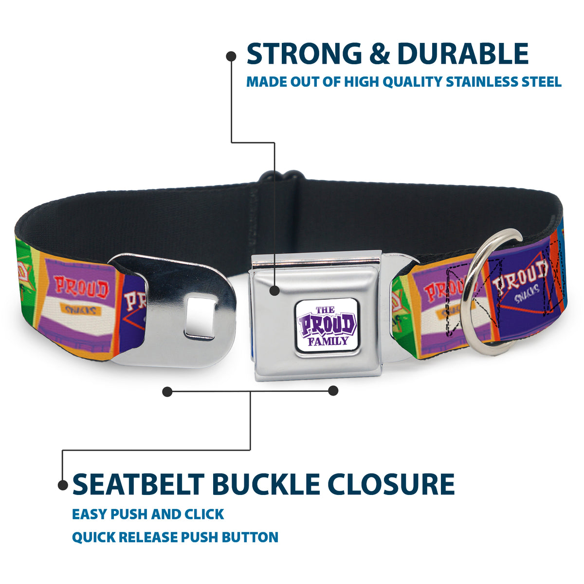 THE PROUD FAMILY Title Logo Full Color White/Purple Seatbelt Buckle Collar - The Proud Family PROUD SNACKS Logo Blocks Multi Color Dog Collars Seatbelt Buckle Disney