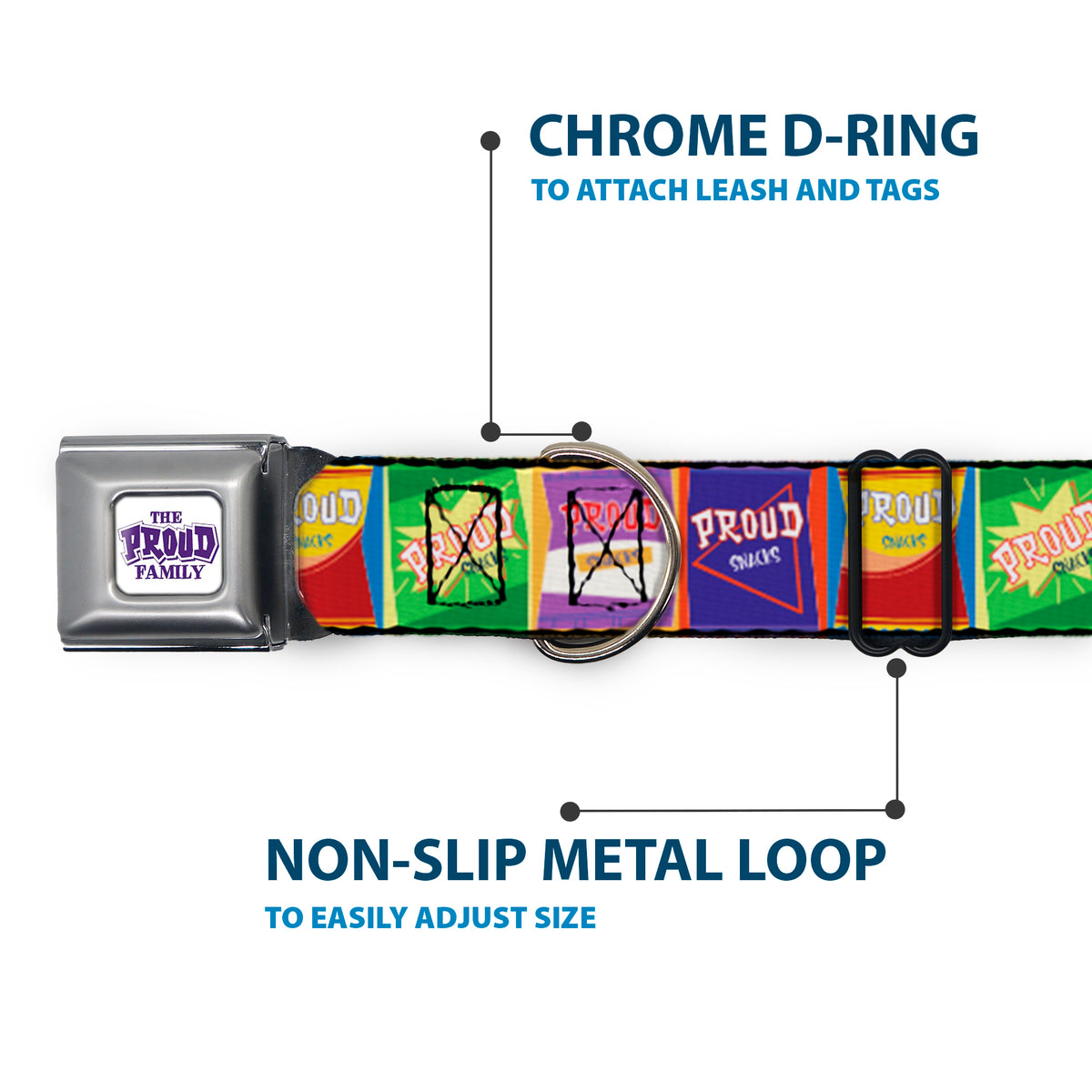 THE PROUD FAMILY Title Logo Full Color White/Purple Seatbelt Buckle Collar - The Proud Family PROUD SNACKS Logo Blocks Multi Color Dog Collars Seatbelt Buckle Disney
