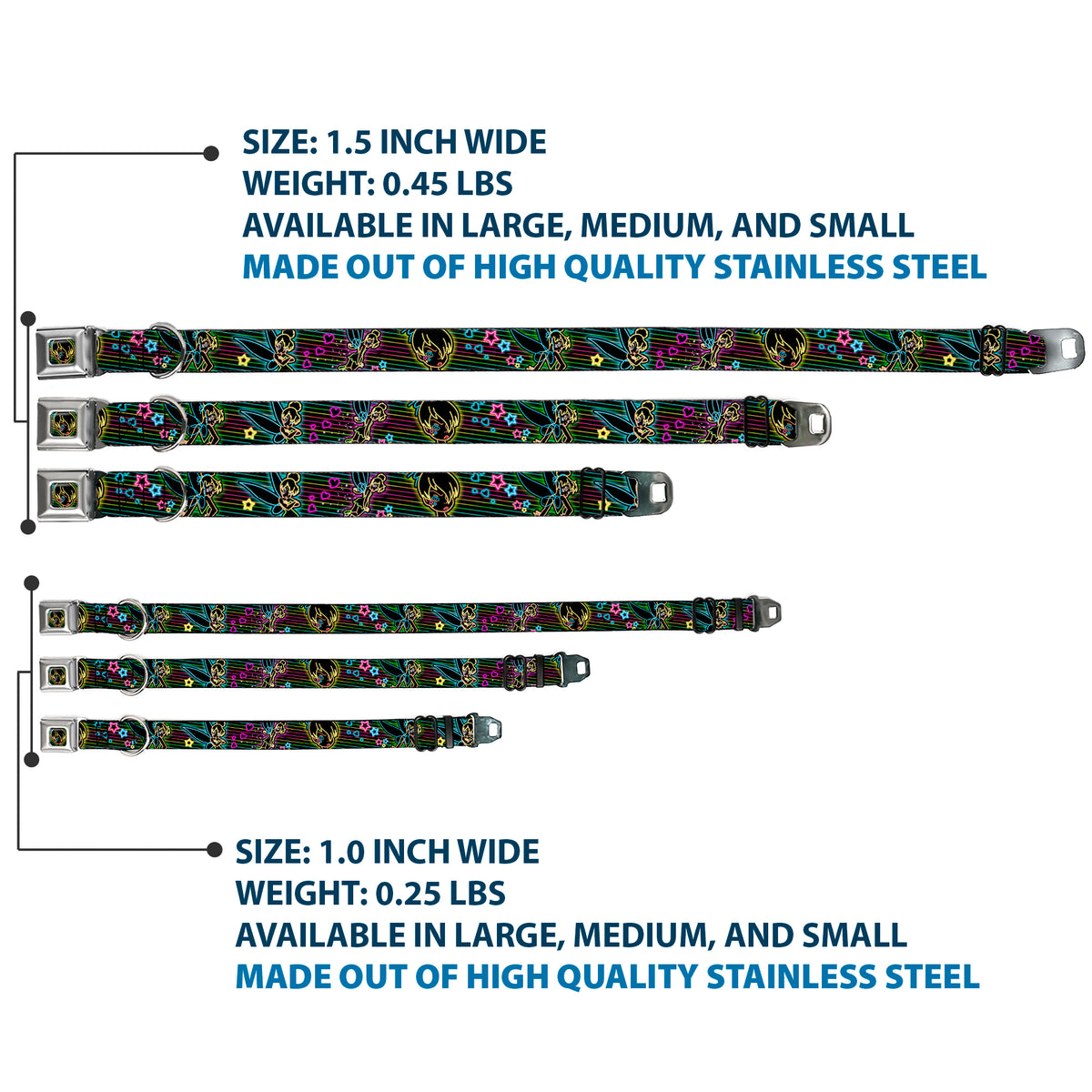 Electric Tinkerbell Face Full Color Black/Multi Neon Seatbelt Buckle Collar - Electric Tinkerbell Poses/Stripes Black/Multi Neon Dog Collars Seatbelt Buckle Disney
