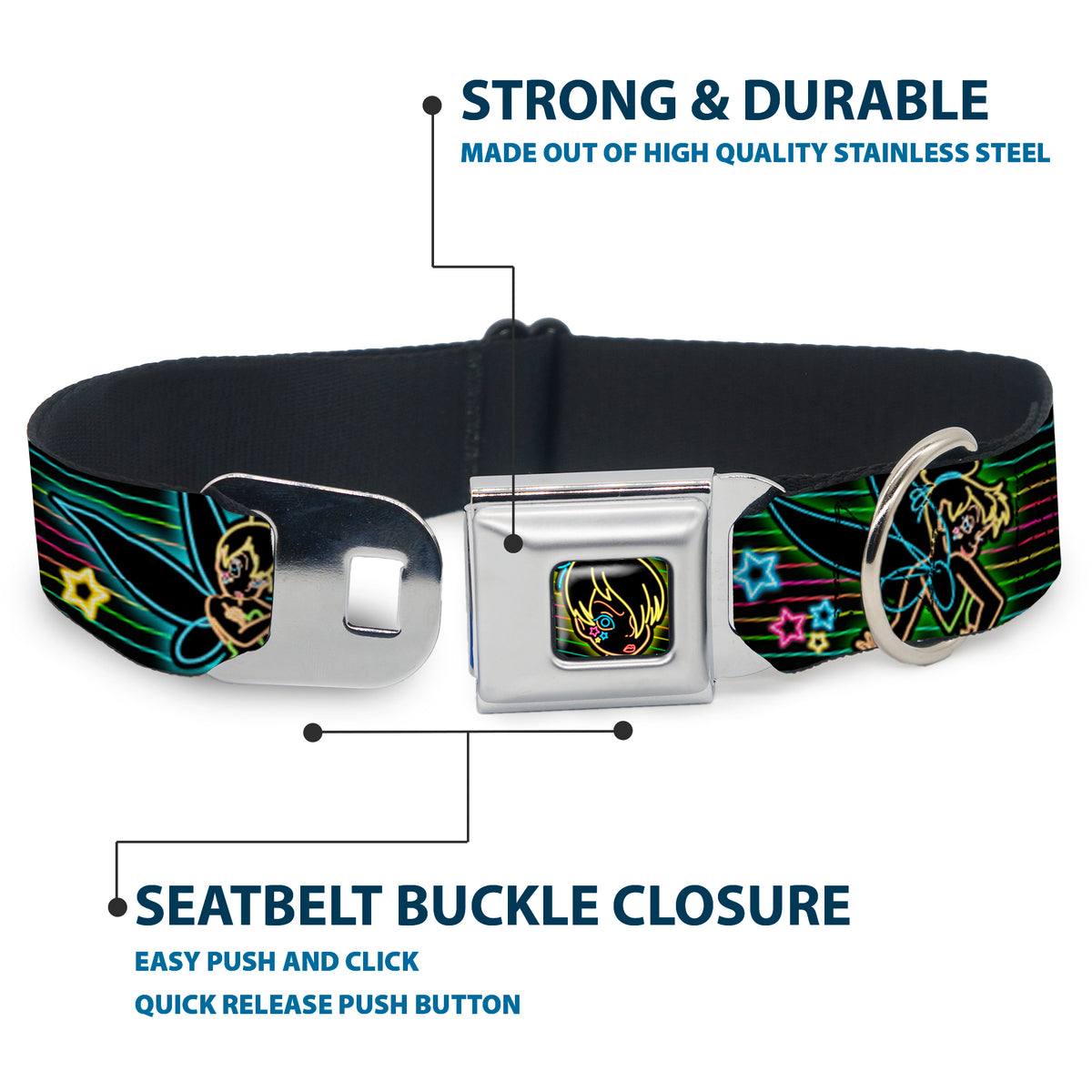 Electric Tinkerbell Face Full Color Black/Multi Neon Seatbelt Buckle Collar - Electric Tinkerbell Poses/Stripes Black/Multi Neon Dog Collars Seatbelt Buckle Disney