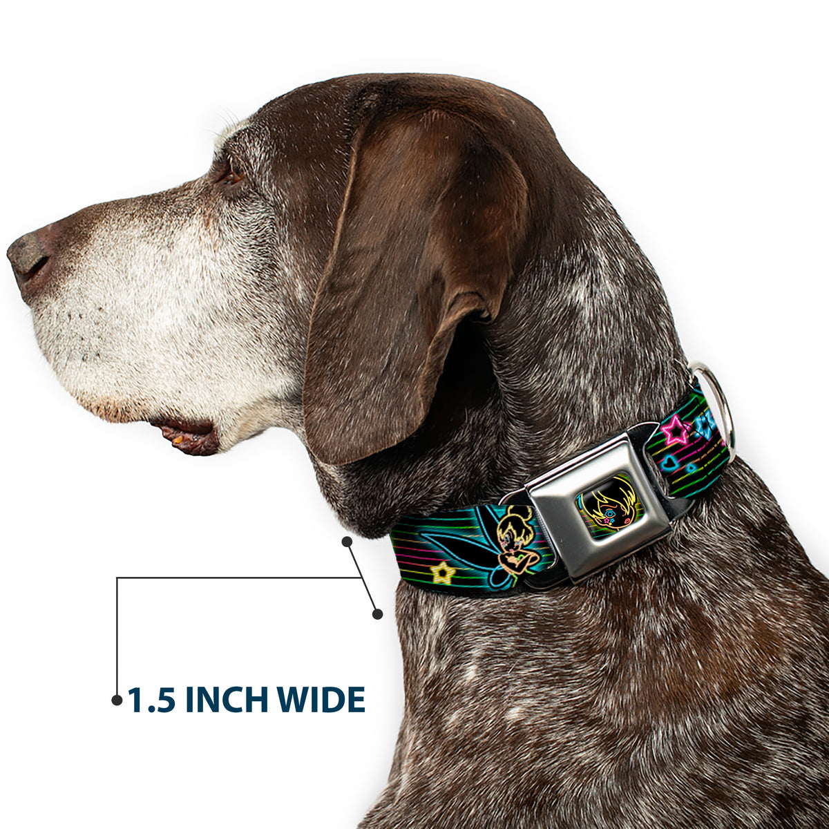 Electric Tinkerbell Face Full Color Black/Multi Neon Seatbelt Buckle Collar - Electric Tinkerbell Poses/Stripes Black/Multi Neon Dog Collars Seatbelt Buckle Disney