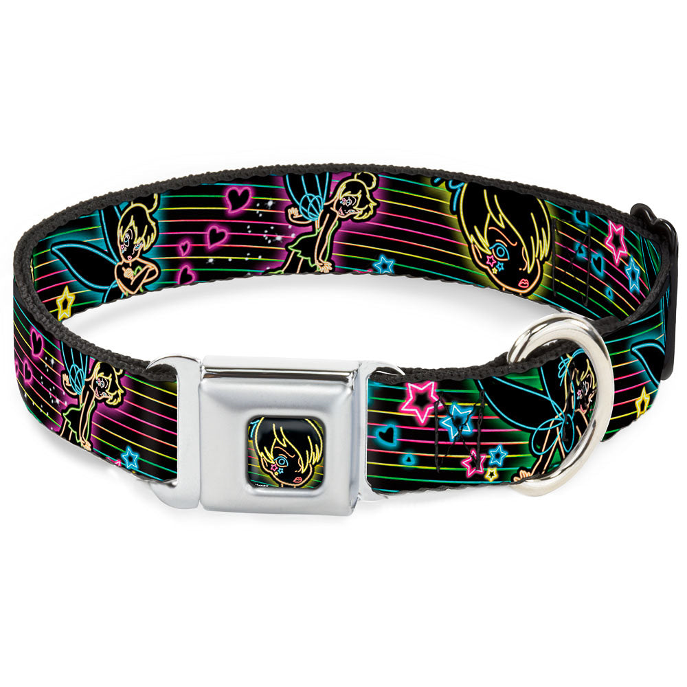 Electric Tinkerbell Face Full Color Black/Multi Neon Seatbelt Buckle Collar - Electric Tinkerbell Poses/Stripes Black/Multi Neon Dog Collars Seatbelt Buckle Disney