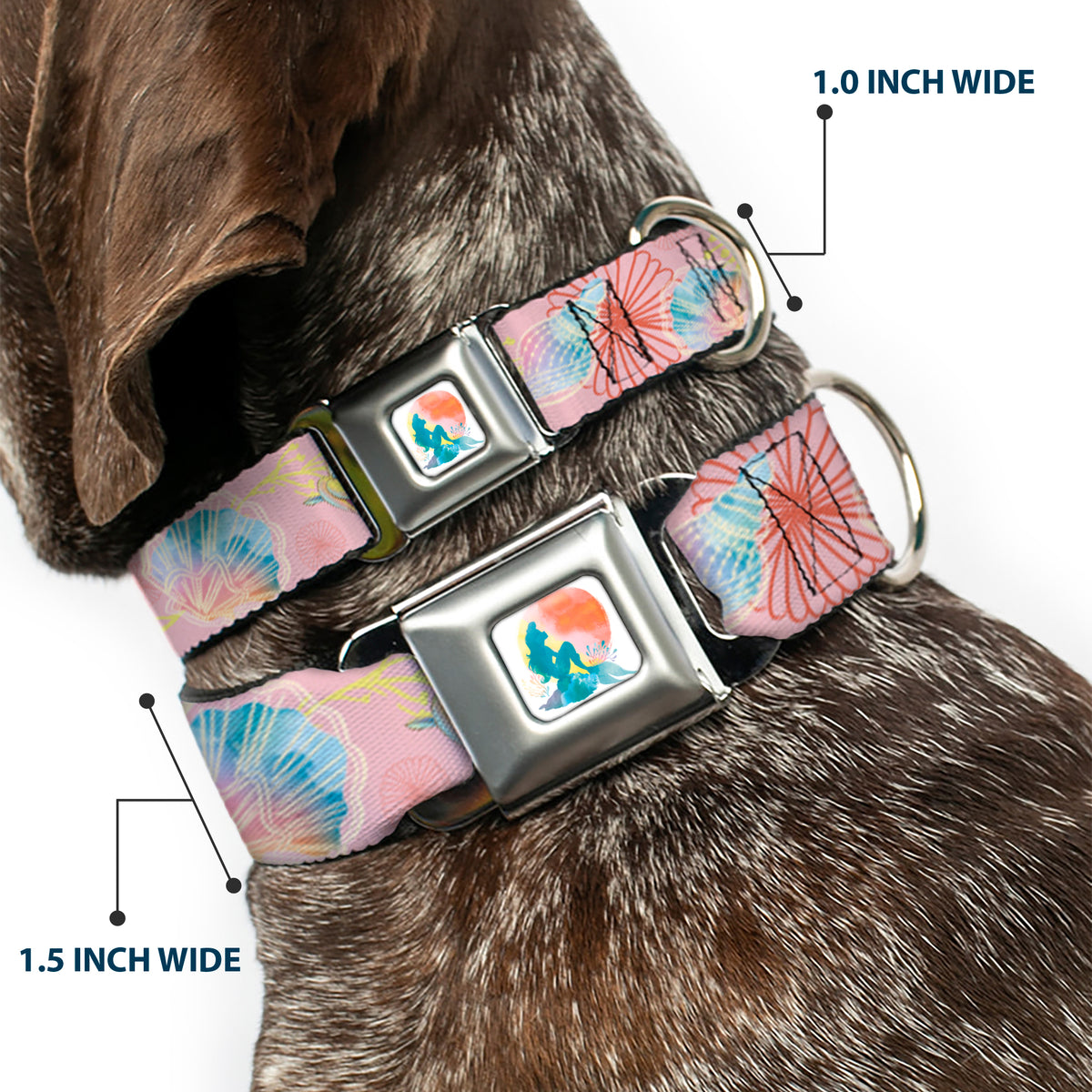 The Little Mermaid Ariel Silhouette Pose Full Color White/Multi Color Seatbelt Buckle Collar - The Little Mermaid Flounder and Sebastian Under the Sea Pinks Dog Collars Seatbelt Buckle Disney