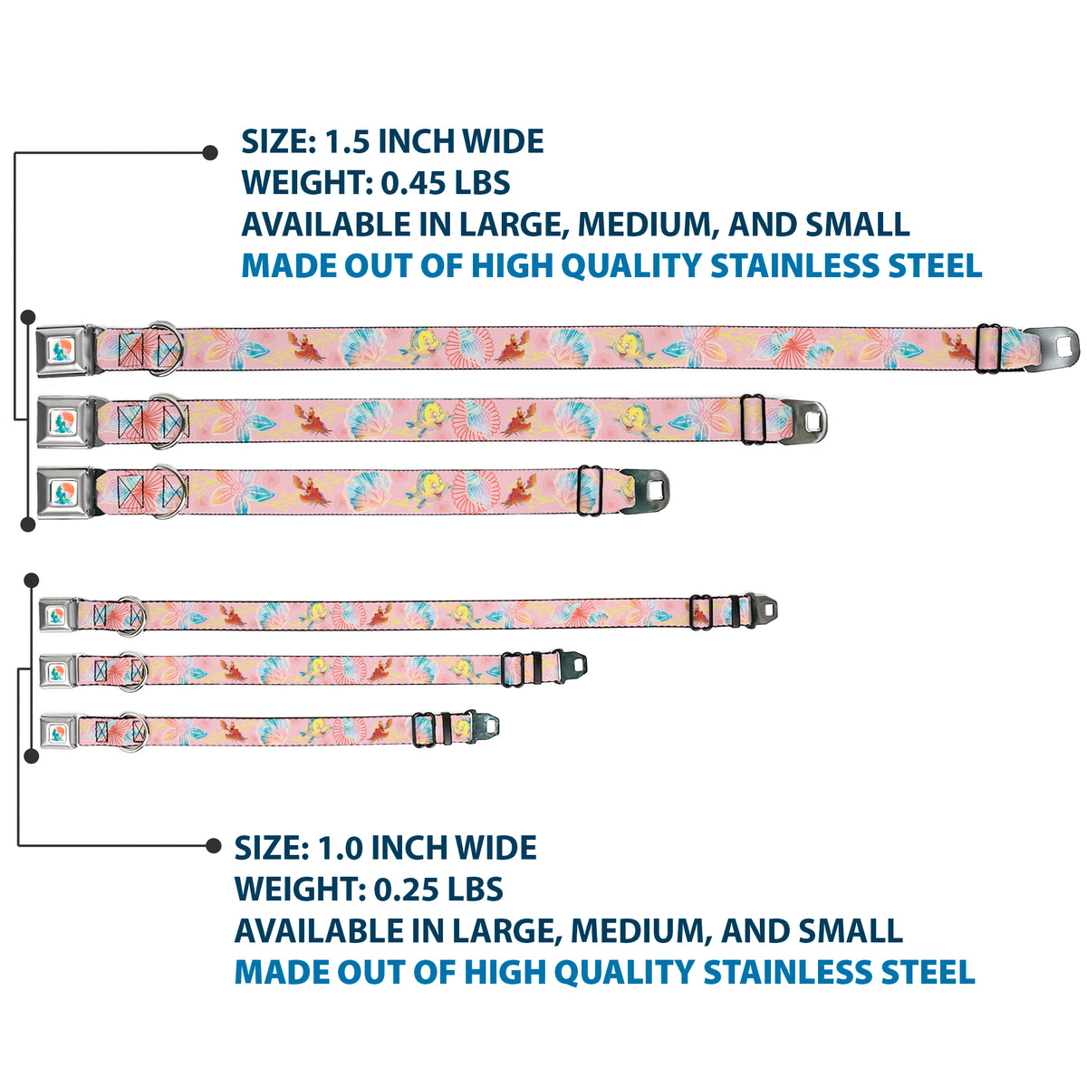 The Little Mermaid Ariel Silhouette Pose Full Color White/Multi Color Seatbelt Buckle Collar - The Little Mermaid Flounder and Sebastian Under the Sea Pinks Dog Collars Seatbelt Buckle Disney