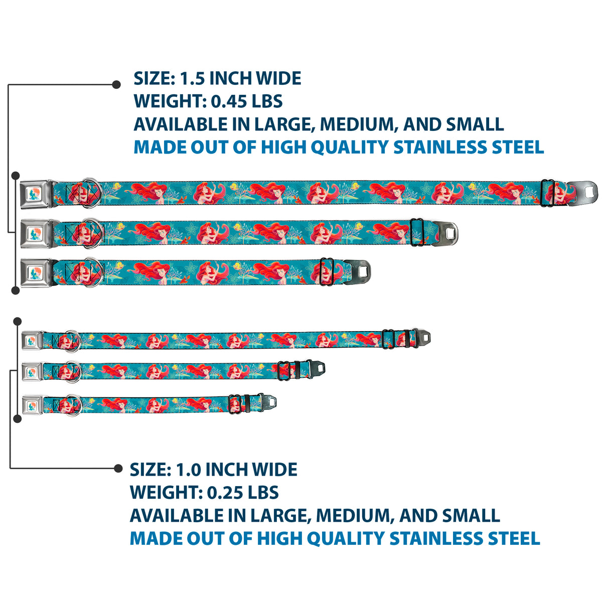 The Little Mermaid Ariel Silhouette Pose Full Color White/Multi Color Seatbelt Buckle Collar - The Little Mermaid Flounder and Sebastian Under the Sea Greens Dog Collars Seatbelt Buckle Disney