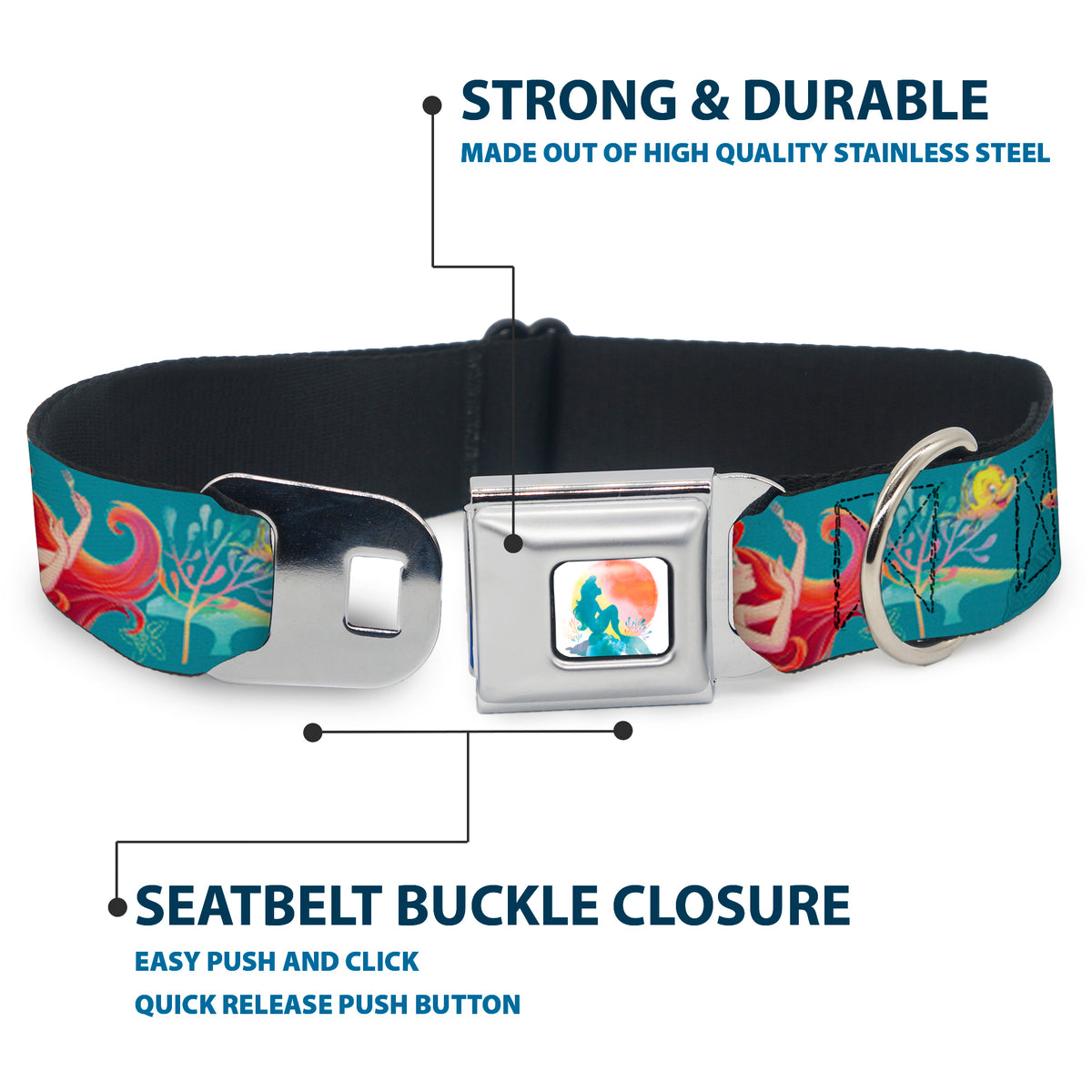 The Little Mermaid Ariel Silhouette Pose Full Color White/Multi Color Seatbelt Buckle Collar - The Little Mermaid Flounder and Sebastian Under the Sea Greens Dog Collars Seatbelt Buckle Disney