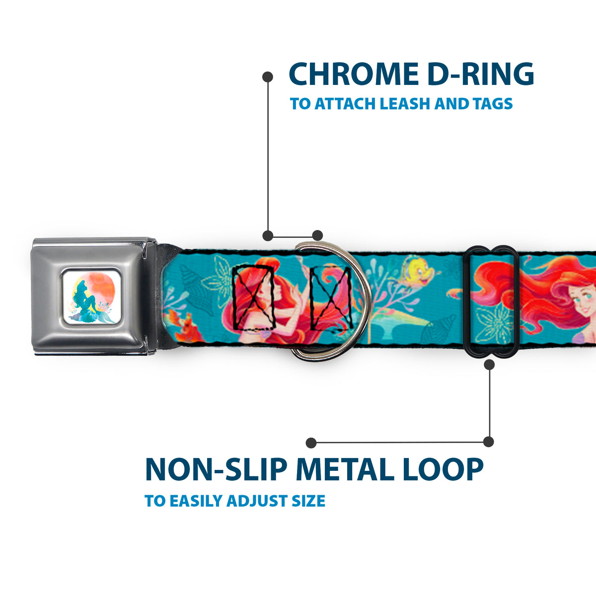 The Little Mermaid Ariel Silhouette Pose Full Color White/Multi Color Seatbelt Buckle Collar - The Little Mermaid Flounder and Sebastian Under the Sea Greens Dog Collars Seatbelt Buckle Disney