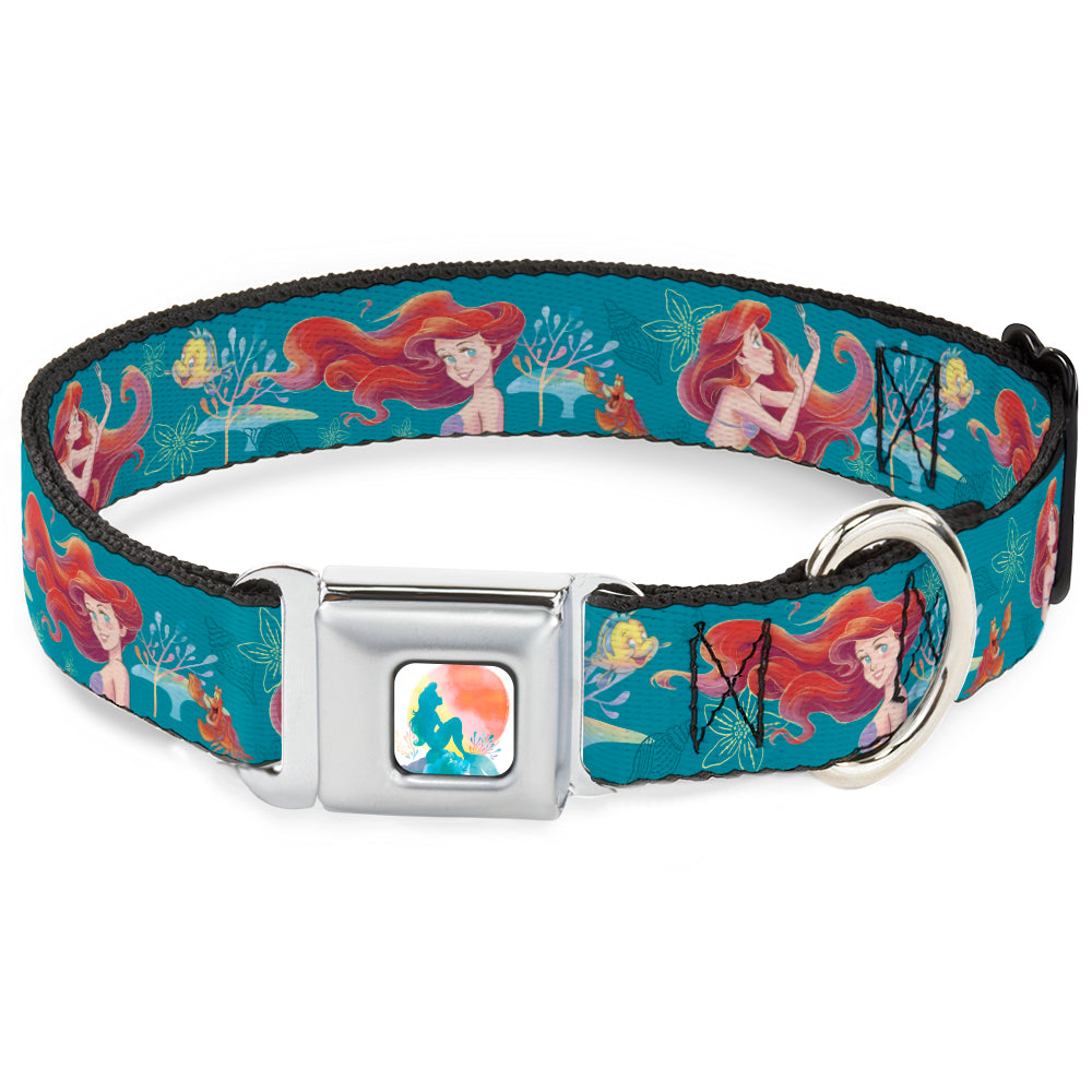 The Little Mermaid Ariel Silhouette Pose Full Color White/Multi Color Seatbelt Buckle Collar - The Little Mermaid Flounder and Sebastian Under the Sea Greens Dog Collars Seatbelt Buckle Disney
