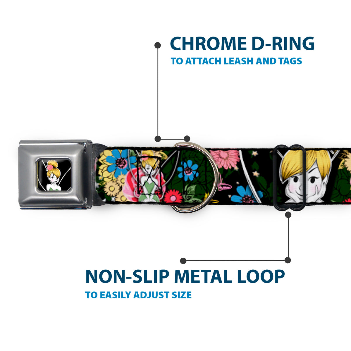 Tinker Bell Sketch Full Color Seatbelt Buckle Collar - Tinker Bell Poses/Sleeping Floral Collage Dog Collars Seatbelt Buckle Disney