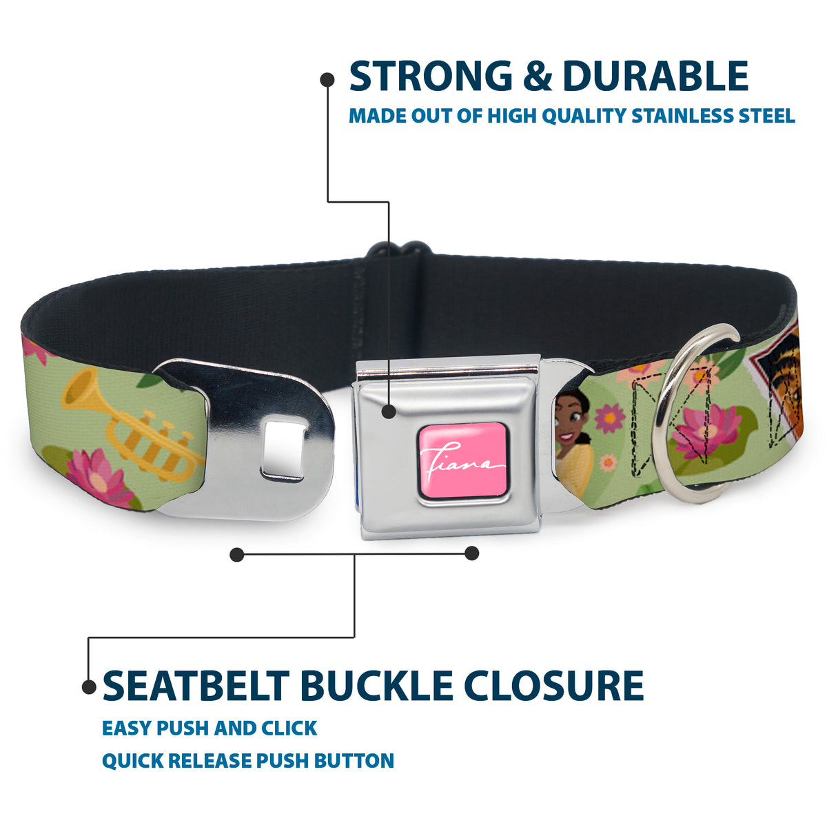 The Princess and the Frog TIANA Script Full Color Pink/White Seatbelt Buckle Collar - The Princess and the Frog Tiana's Place Collage Greens/Pinks Dog Collars Seatbelt Buckle Disney