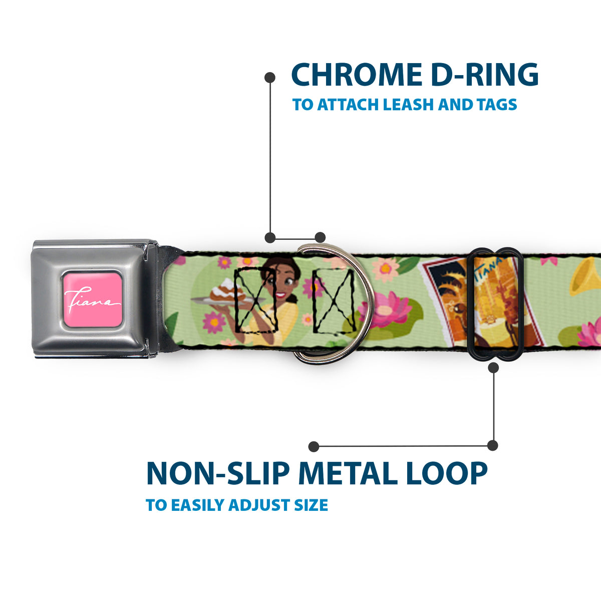 The Princess and the Frog TIANA Script Full Color Pink/White Seatbelt Buckle Collar - The Princess and the Frog Tiana's Place Collage Greens/Pinks Dog Collars Seatbelt Buckle Disney