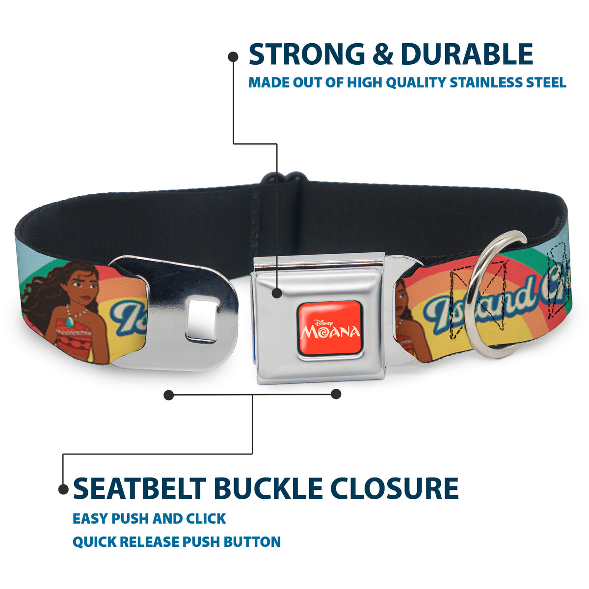 MOANA Title Logo Full Color Orange/White Seatbelt Buckle Collar - Moana ISLAND GIRL Rainbow Pose Blue/Multi Color Dog Collars Seatbelt Buckle Disney
