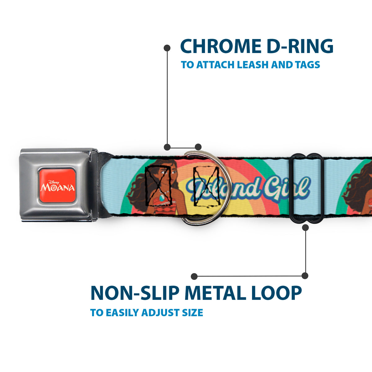MOANA Title Logo Full Color Orange/White Seatbelt Buckle Collar - Moana ISLAND GIRL Rainbow Pose Blue/Multi Color Dog Collars Seatbelt Buckle Disney