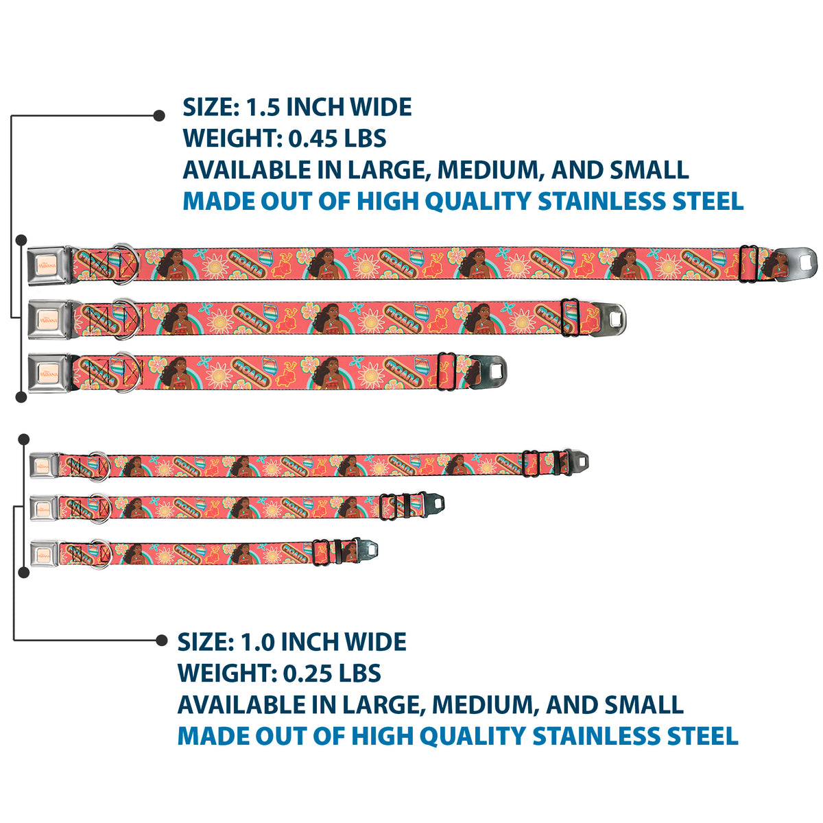 MOANA Title Logo Full Color Beige/Coral Seatbelt Buckle Collar - Moana Pose and Icons Collage Pink Dog Collars Seatbelt Buckle Disney
