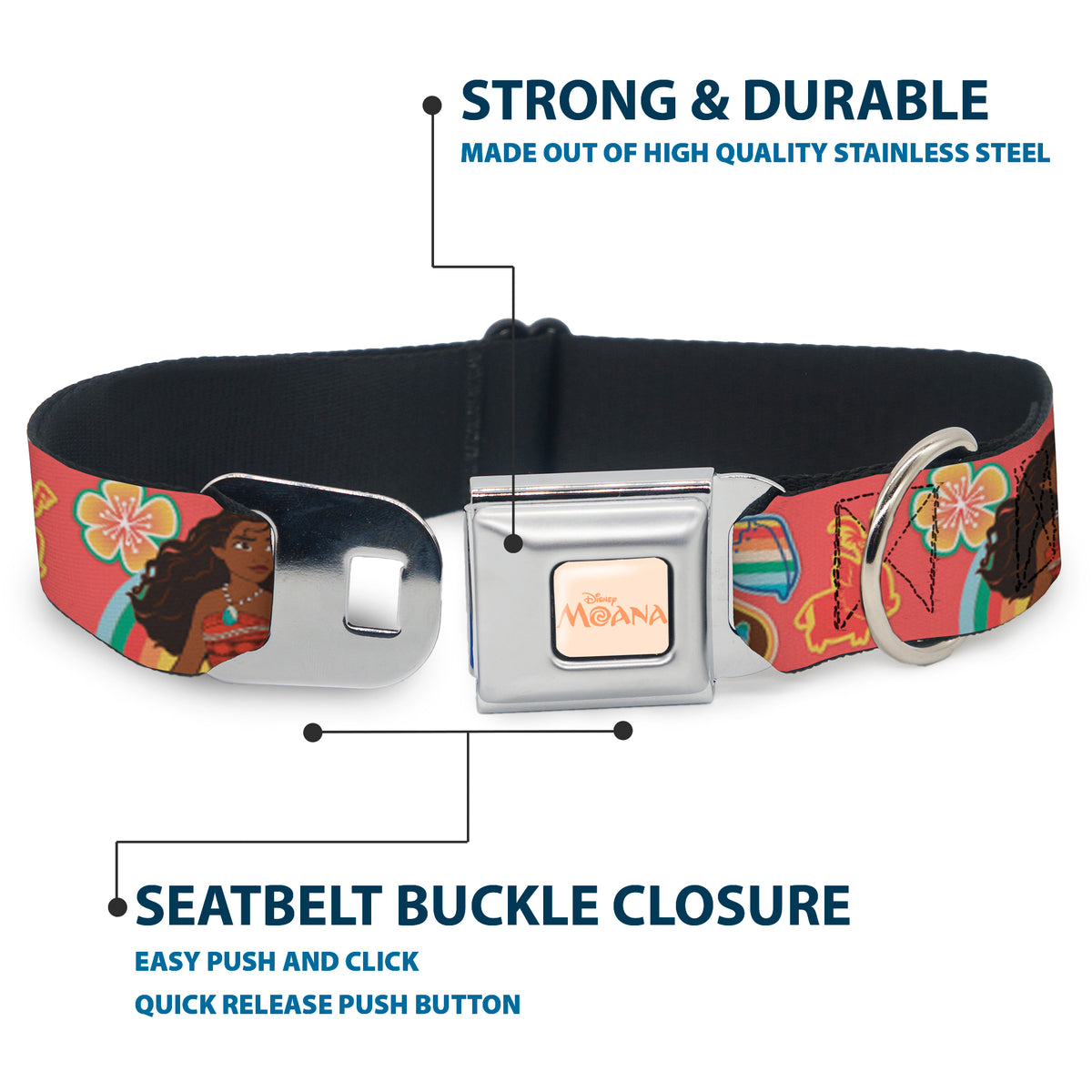 MOANA Title Logo Full Color Beige/Coral Seatbelt Buckle Collar - Moana Pose and Icons Collage Pink Dog Collars Seatbelt Buckle Disney