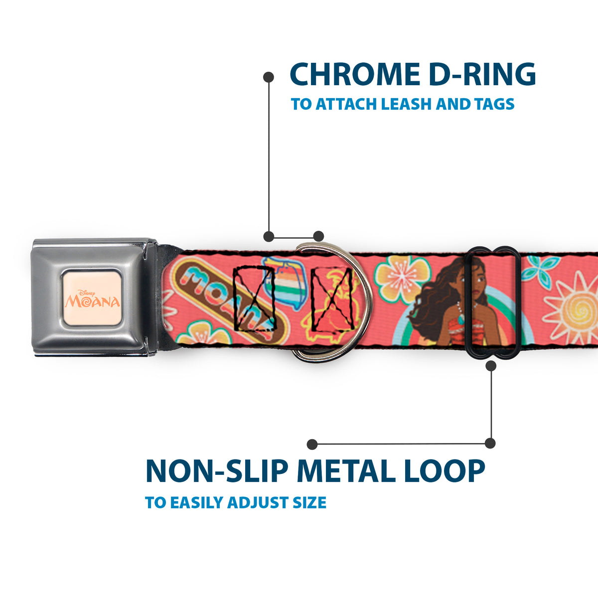 MOANA Title Logo Full Color Beige/Coral Seatbelt Buckle Collar - Moana Pose and Icons Collage Pink Dog Collars Seatbelt Buckle Disney