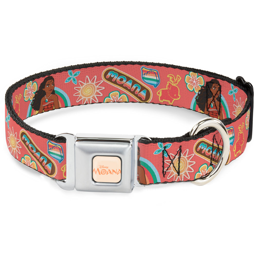 MOANA Title Logo Full Color Beige/Coral Seatbelt Buckle Collar - Moana Pose and Icons Collage Pink Dog Collars Seatbelt Buckle Disney