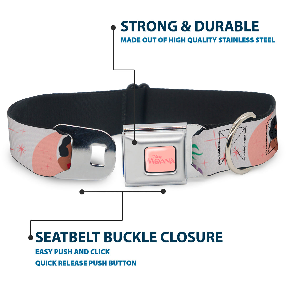 MOANA Title Logo Full Color Pinks Seatbelt Buckle Collar - Moana and Hei Hei Poses with Flowers Beige/Orange Dog Collars Seatbelt Buckle Disney