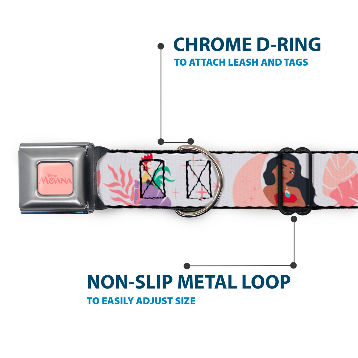 MOANA Title Logo Full Color Pinks Seatbelt Buckle Collar - Moana and Hei Hei Poses with Flowers Beige/Orange Dog Collars Seatbelt Buckle Disney