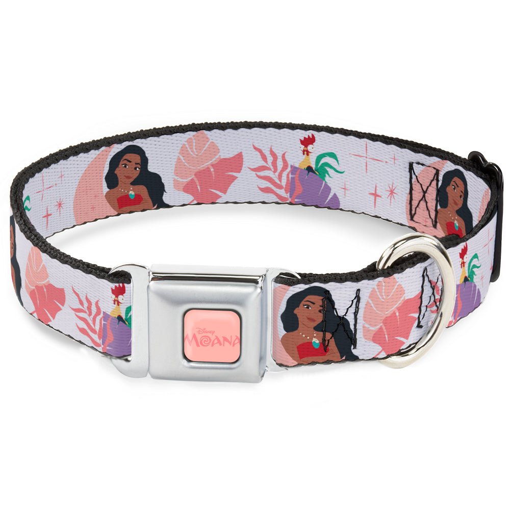 MOANA Title Logo Full Color Pinks Seatbelt Buckle Collar - Moana and Hei Hei Poses with Flowers Beige/Orange Dog Collars Seatbelt Buckle Disney