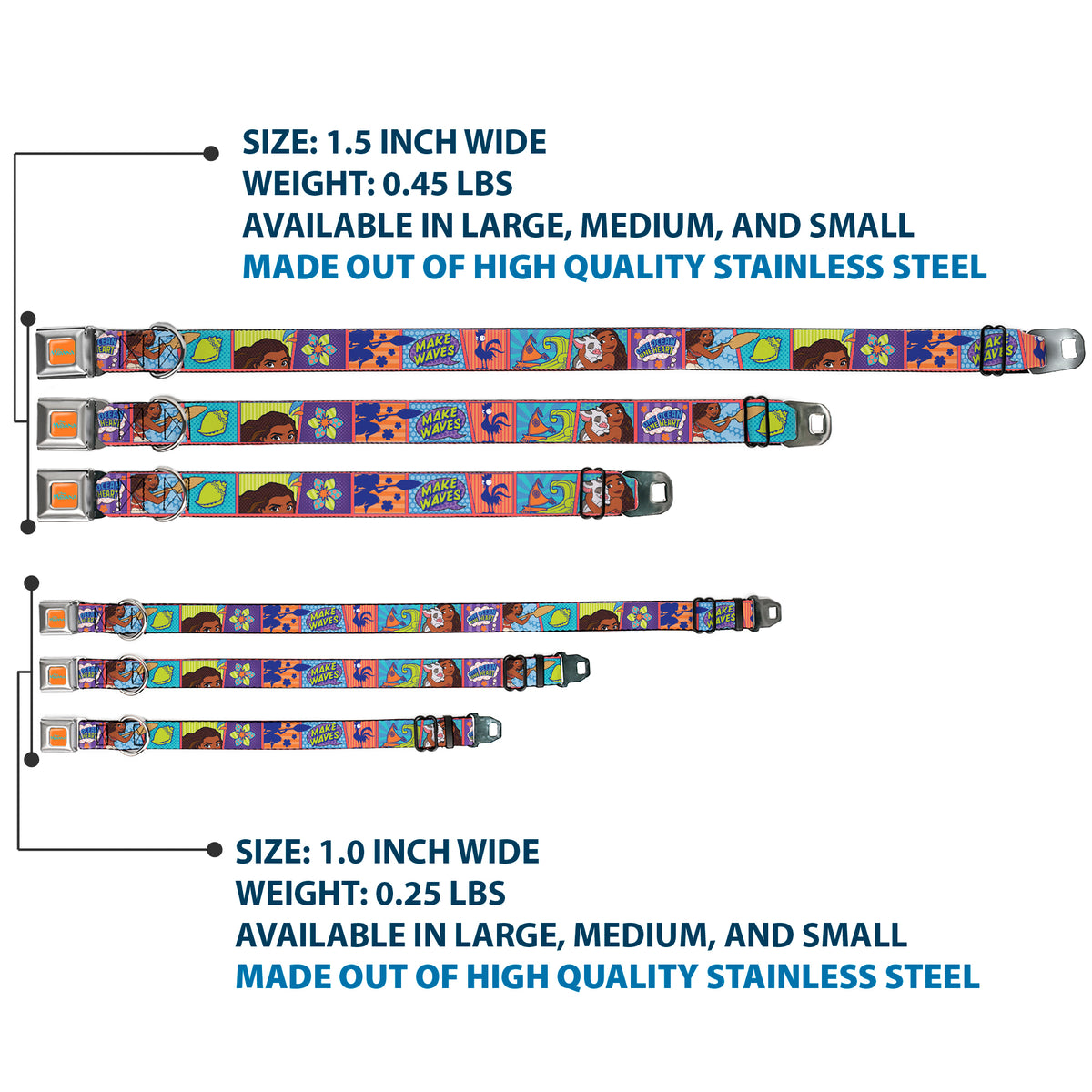 MOANA Title Logo Full Color Orange/Blue Seatbelt Buckle Collar - Moana MAKE WAVES Scene Blocks Blues/Orange Dog Collars Seatbelt Buckle Disney
