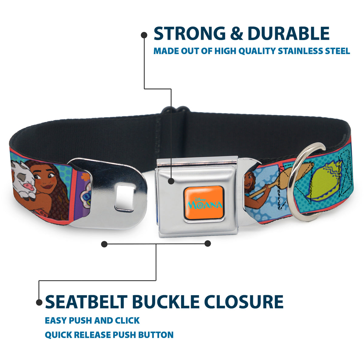 MOANA Title Logo Full Color Orange/Blue Seatbelt Buckle Collar - Moana MAKE WAVES Scene Blocks Blues/Orange Dog Collars Seatbelt Buckle Disney
