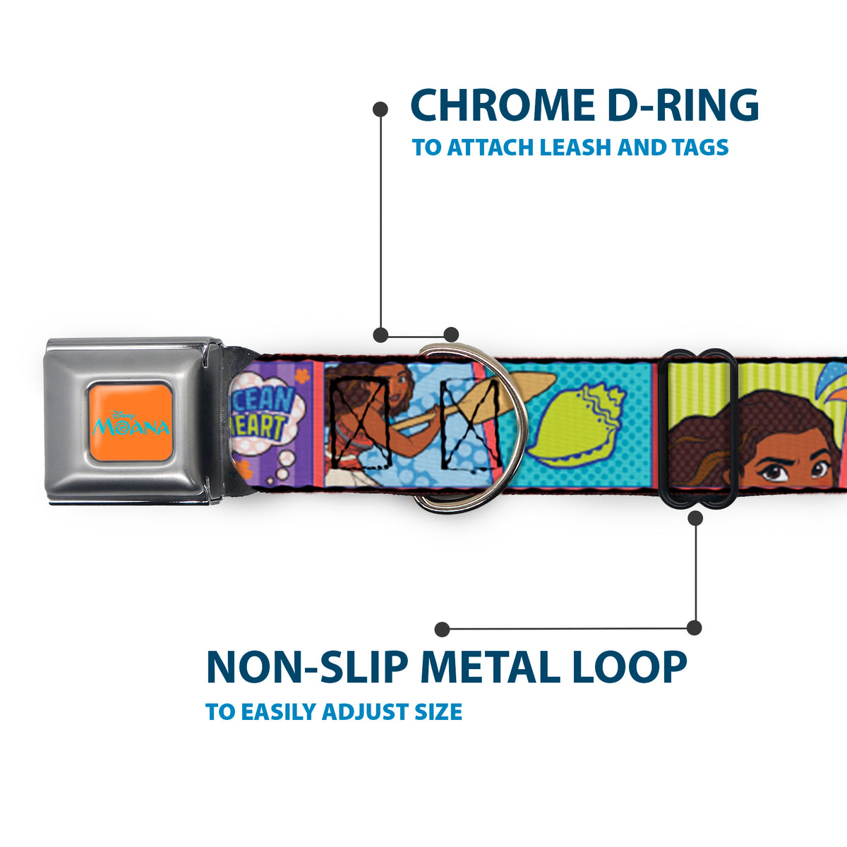 MOANA Title Logo Full Color Orange/Blue Seatbelt Buckle Collar - Moana MAKE WAVES Scene Blocks Blues/Orange Dog Collars Seatbelt Buckle Disney