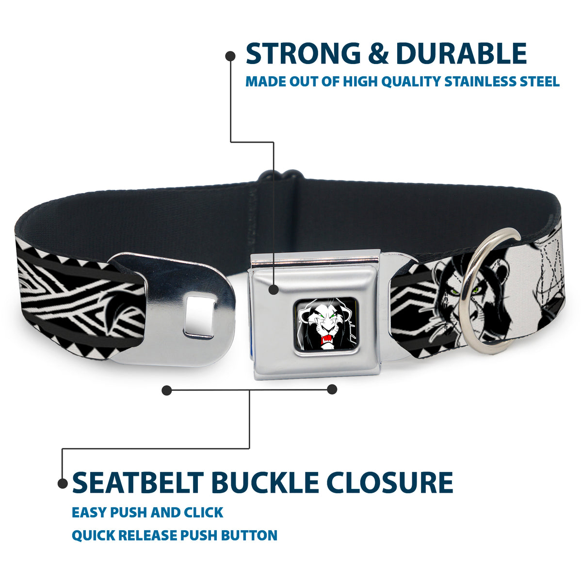 Simba Face Full Color Black/White/Red Seatbelt Buckle Collar - Lion King Scar Poses White/Black Dog Collars Seatbelt Buckle Disney