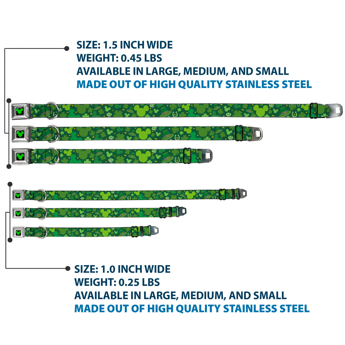 Mickey Silhouette Full Color Black Green Seatbelt Buckle Collar - St. Patrick's Day Mickey Collage Greens Dog Collars Seatbelt Buckle Disney