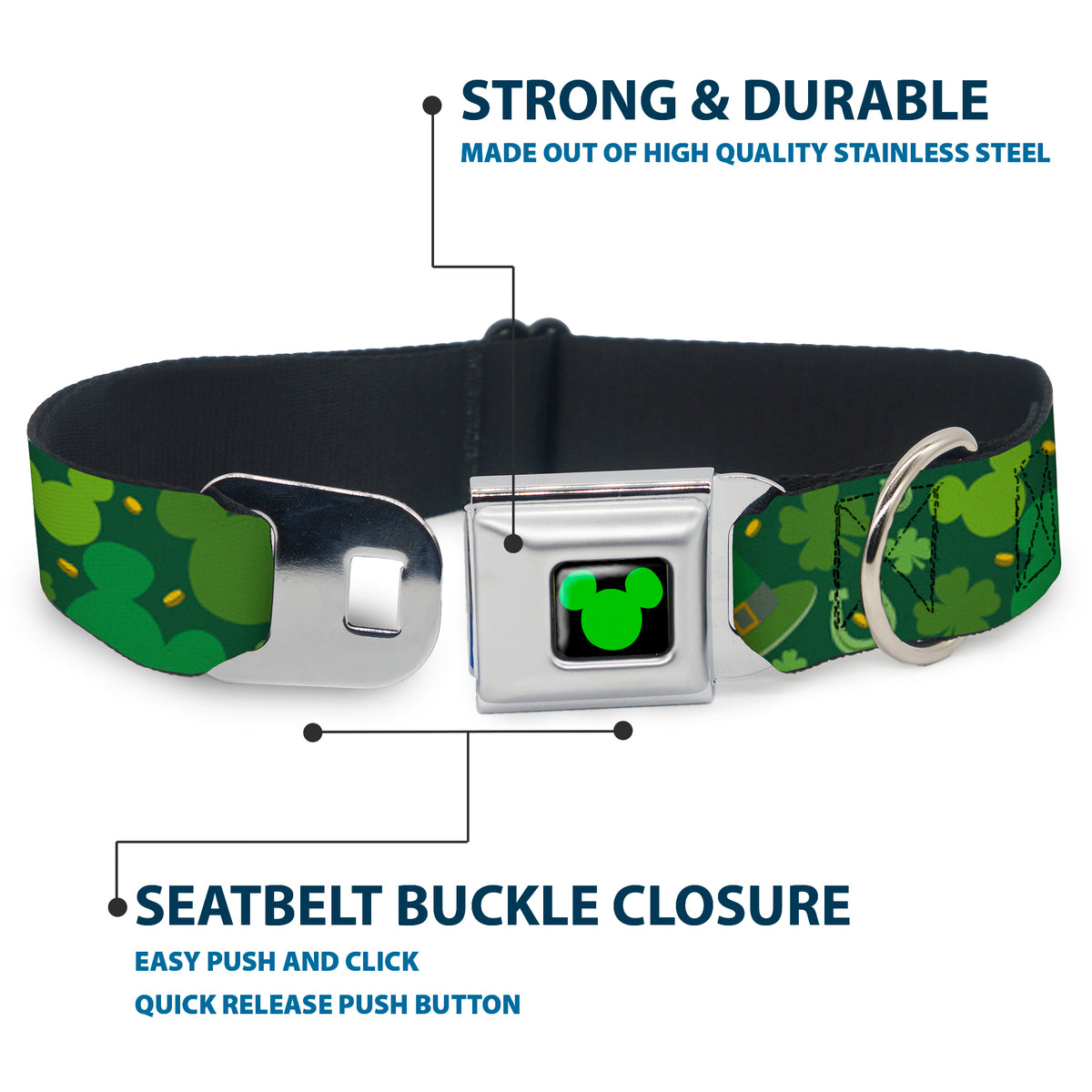 Mickey Silhouette Full Color Black Green Seatbelt Buckle Collar - St. Patrick's Day Mickey Collage Greens Dog Collars Seatbelt Buckle Disney