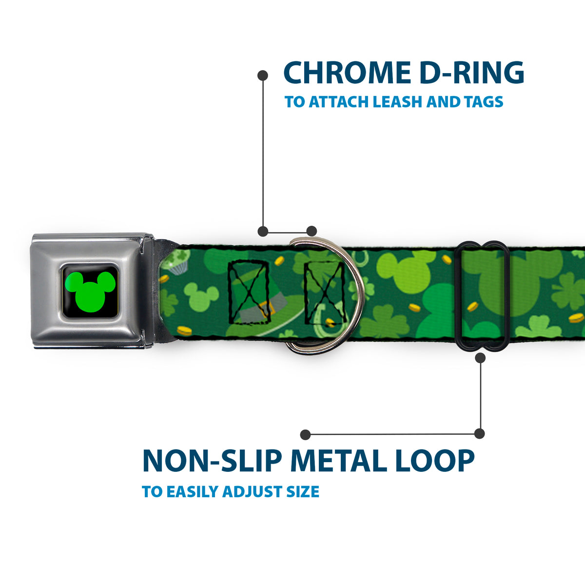 Mickey Silhouette Full Color Black Green Seatbelt Buckle Collar - St. Patrick's Day Mickey Collage Greens Dog Collars Seatbelt Buckle Disney