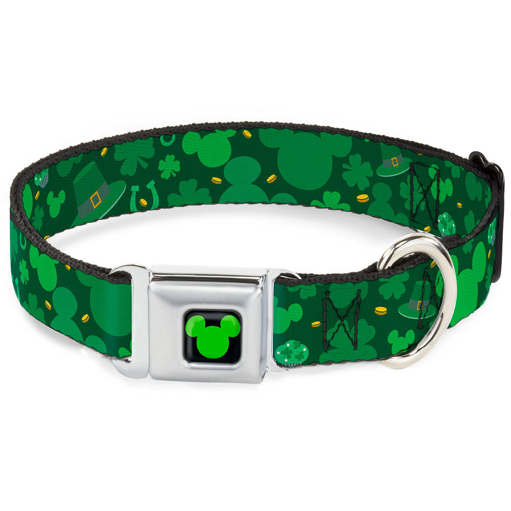 Mickey Silhouette Full Color Black Green Seatbelt Buckle Collar - St. Patrick's Day Mickey Collage Greens Dog Collars Seatbelt Buckle Disney