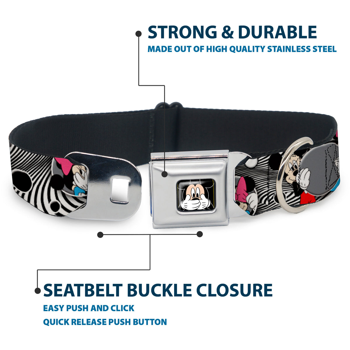 Mickey Mouse Expression3 Full Color Black Seatbelt Buckle Collar - Mickey & Minnie Peek-a-Boo Expressions Swirl Black/White Dog Collars Seatbelt Buckle Disney