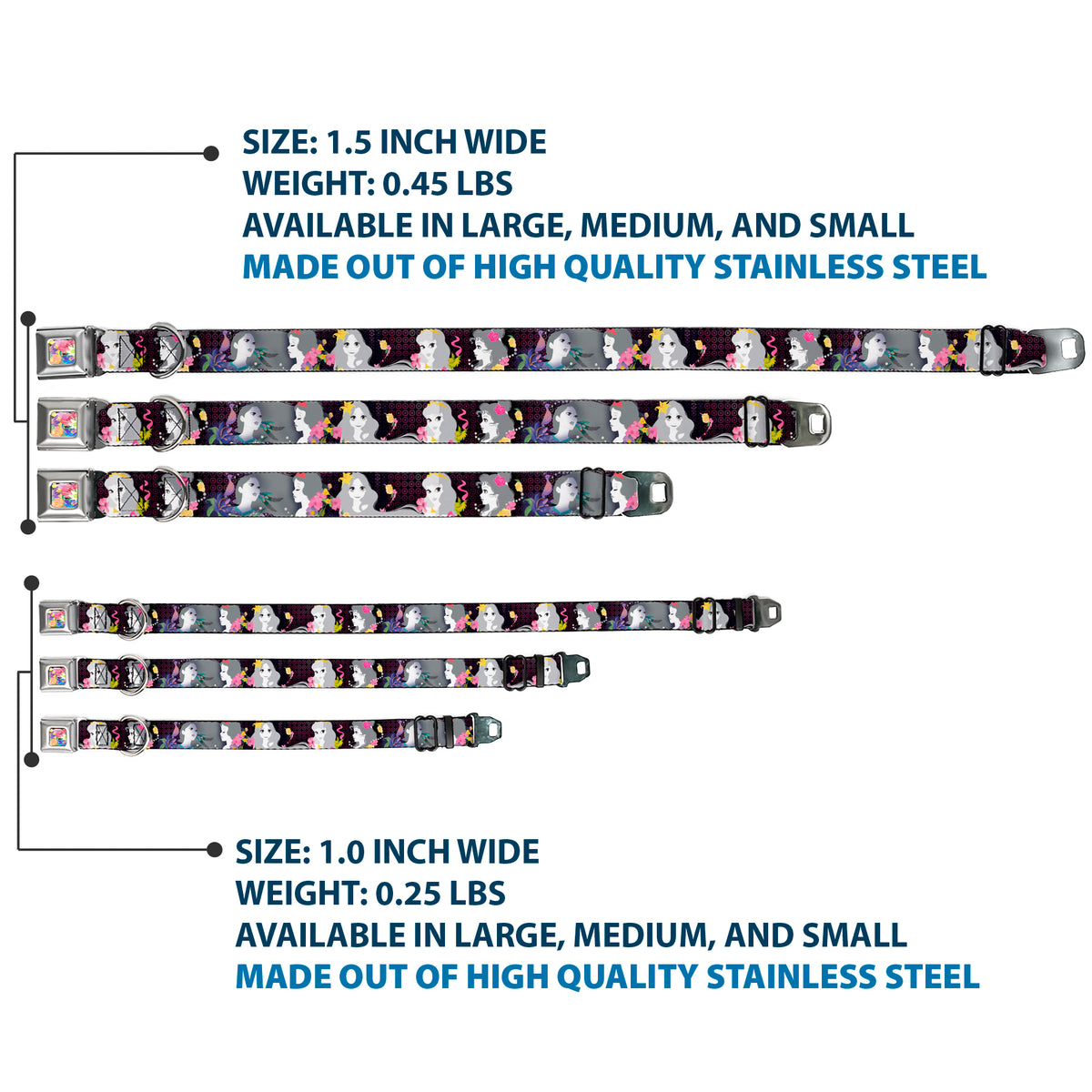 Floral Collage Full Color Multi Pastel Seatbelt Buckle Collar - Princess Silhouettes Dots Black/Purple/Gray/Multi Color Dog Collars Seatbelt Buckle Disney
