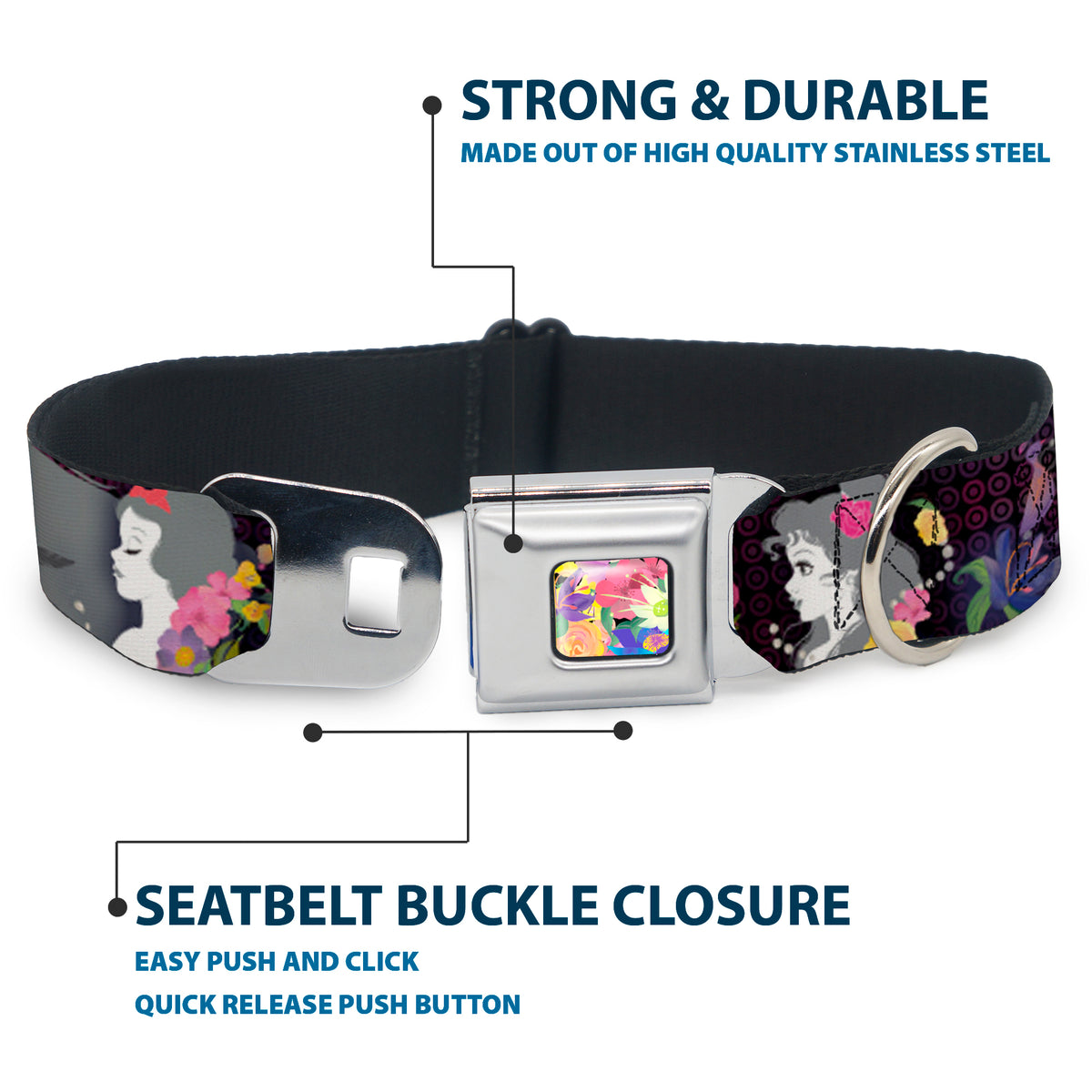 Floral Collage Full Color Multi Pastel Seatbelt Buckle Collar - Princess Silhouettes Dots Black/Purple/Gray/Multi Color Dog Collars Seatbelt Buckle Disney