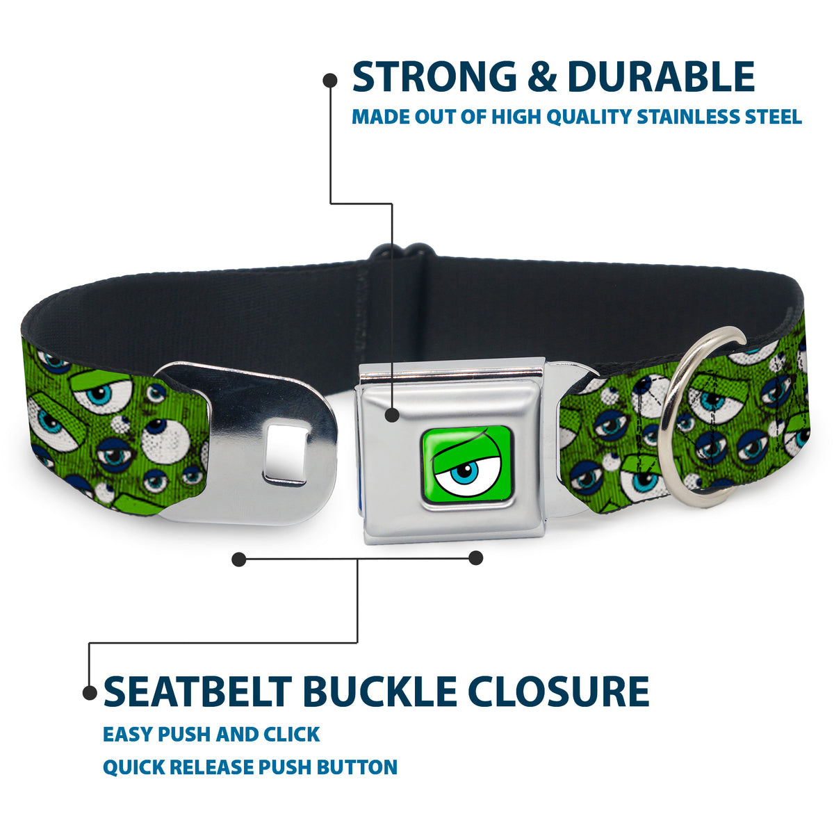 Monsters Eye CLOSE-UP Seatbelt Buckle Collar - Monsters Inc. Eye Collage Weathered Greens/Blues Dog Collars Seatbelt Buckle Disney