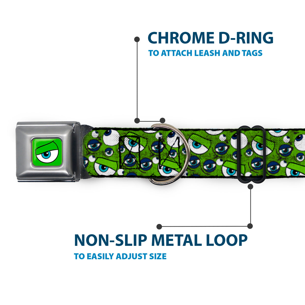 Monsters Eye CLOSE-UP Seatbelt Buckle Collar - Monsters Inc. Eye Collage Weathered Greens/Blues Dog Collars Seatbelt Buckle Disney