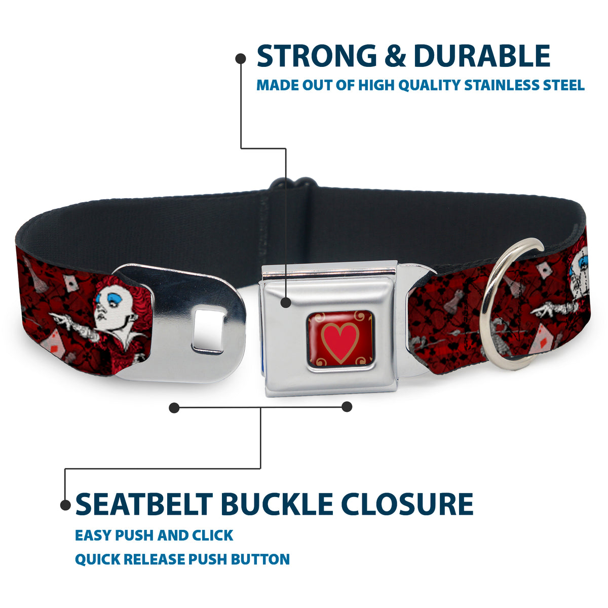 Queen's Heart Full Color Reds Gold Seatbelt Buckle Collar - Queen of Hearts Poses/Hearts/Cards Reds/Black Dog Collars Seatbelt Buckle Disney