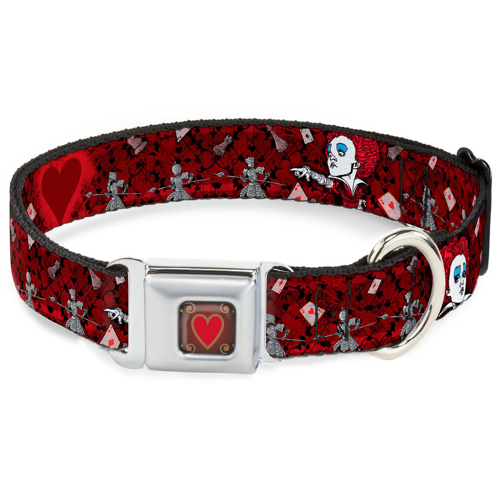 Queen's Heart Full Color Reds Gold Seatbelt Buckle Collar - Queen of Hearts Poses/Hearts/Cards Reds/Black Dog Collars Seatbelt Buckle Disney