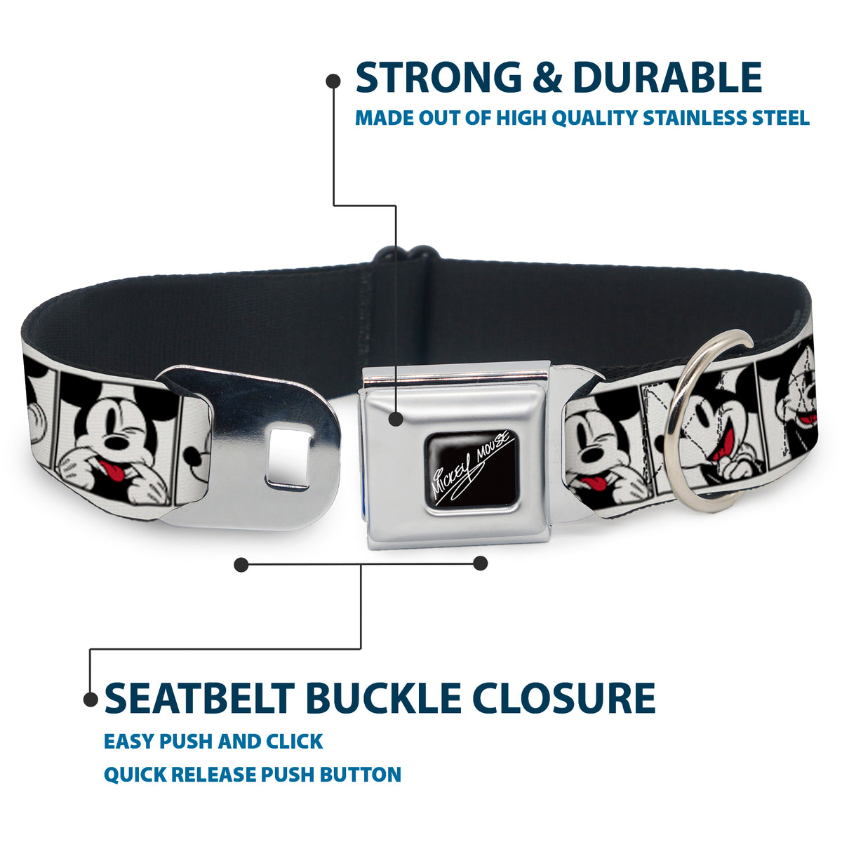 MICKEY MOUSE Autograph Full Color Black/White Seatbelt Buckle Collar - Mickey Mouse Expression Blocks White/Black/Red Dog Collars Seatbelt Buckle Disney