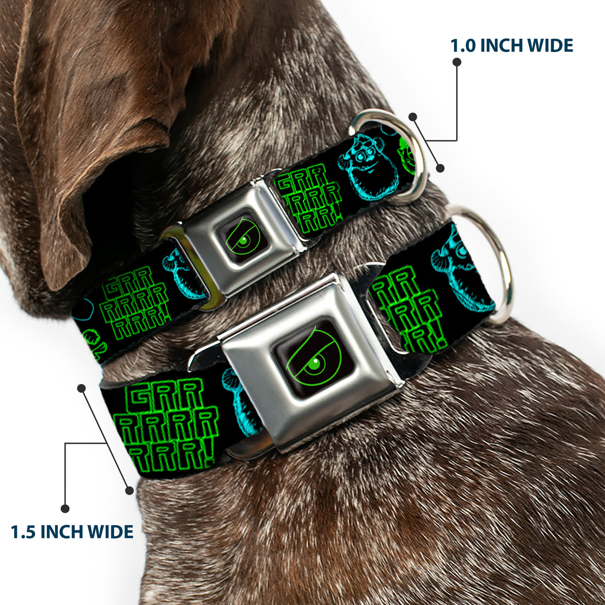 Monsters Eye Full Color Black/Neon Green Seatbelt Buckle Collar - Monsters Inc. Sully & Mike Poses/GRRRRR! Black/Turquoise/Green Dog Collars Seatbelt Buckle Disney